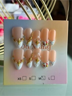 Peach & White Jeweled Press-On Nails Medium